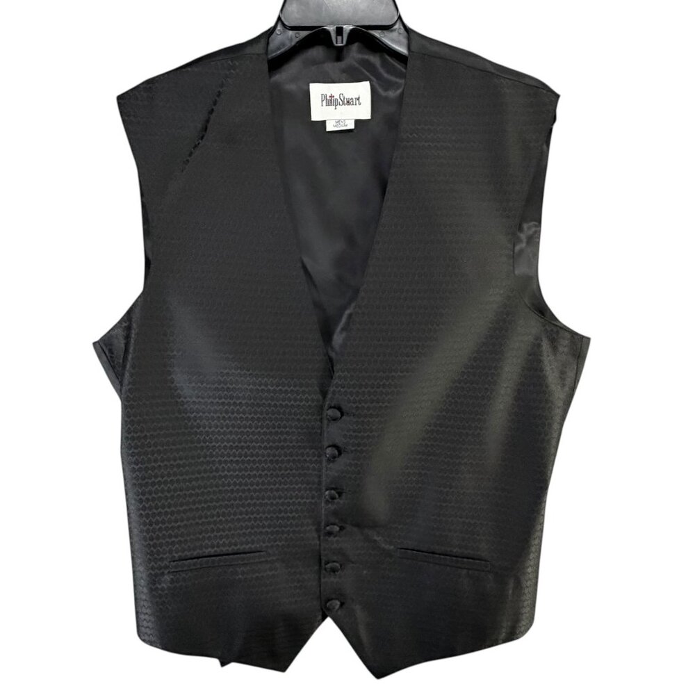 Philip Stuart Dress Vest M Black Button Front Classic Formal Suit Waistcoat Prom